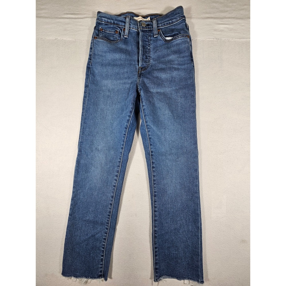 Levis Wedgie Straight Jeans‎ Womens 27 Medium Wash Blue High Rise Raw Hem